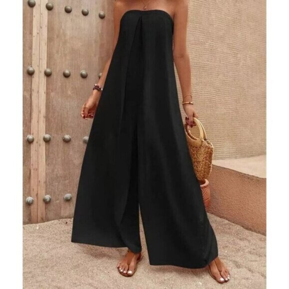 Zara Black Linen blend Super Wide Leg Strapless Jumpsuit  Blogger S - Picture 3 of 10